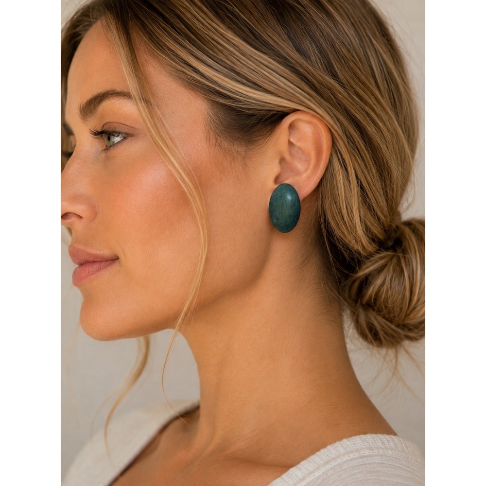 Dark Teal Wood Oval Statement Earrings Large Button Stud Boho Minimalist